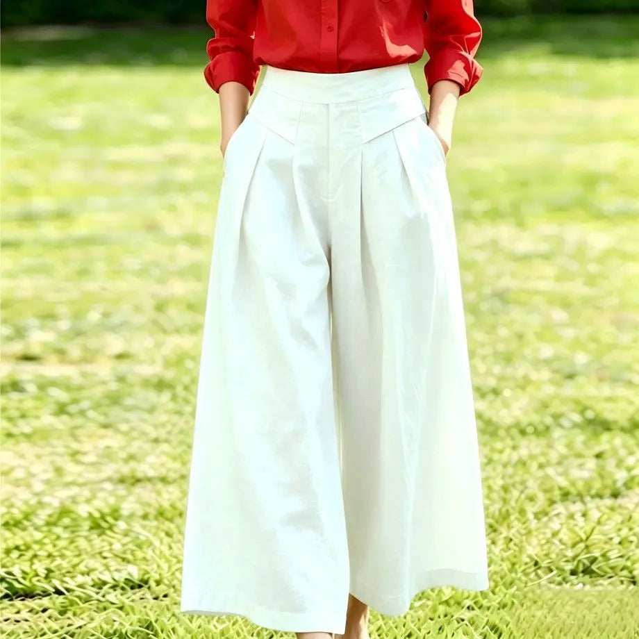 High-Waisted Cotton Linen Wide-Leg Culottes for Women