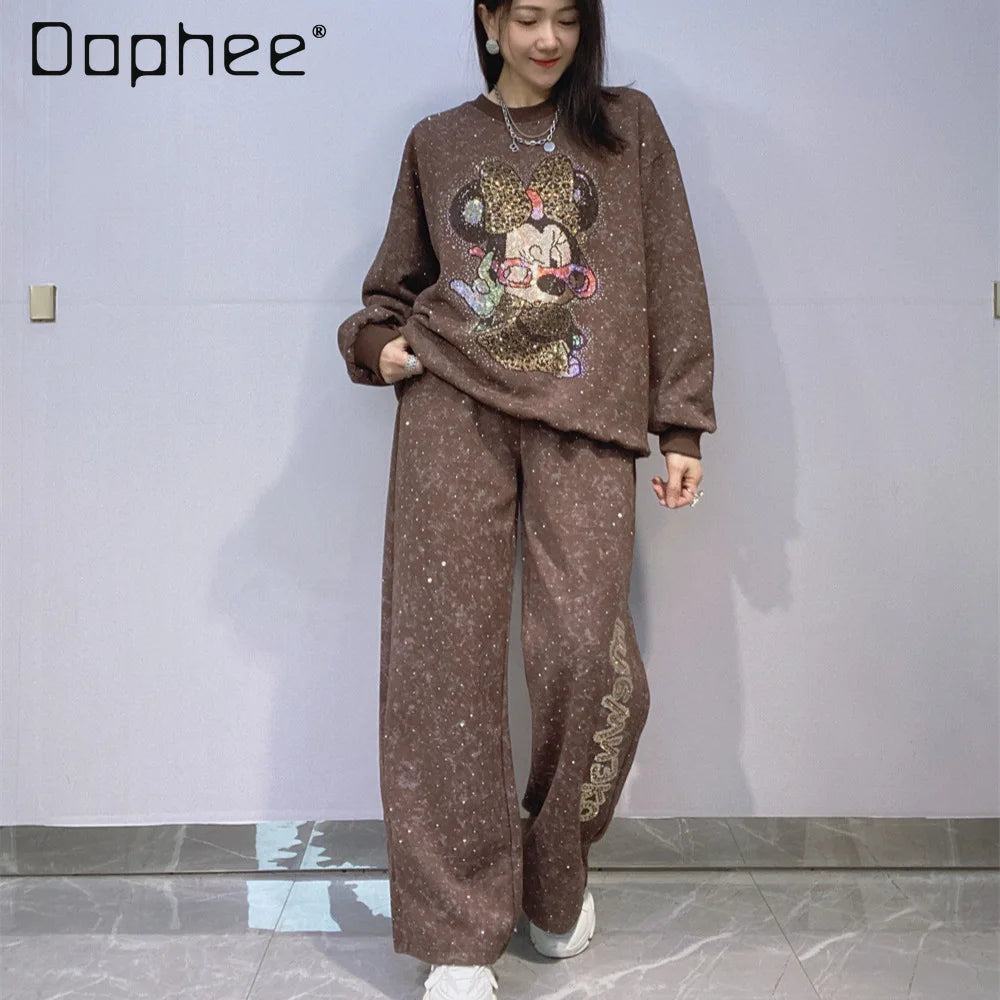 Autumn Winter Rhinestone Long Sleeve Round Neck Pullover Sweatshirt and Long Pants Set Fashion Woman Clothes Outfits 2025 New