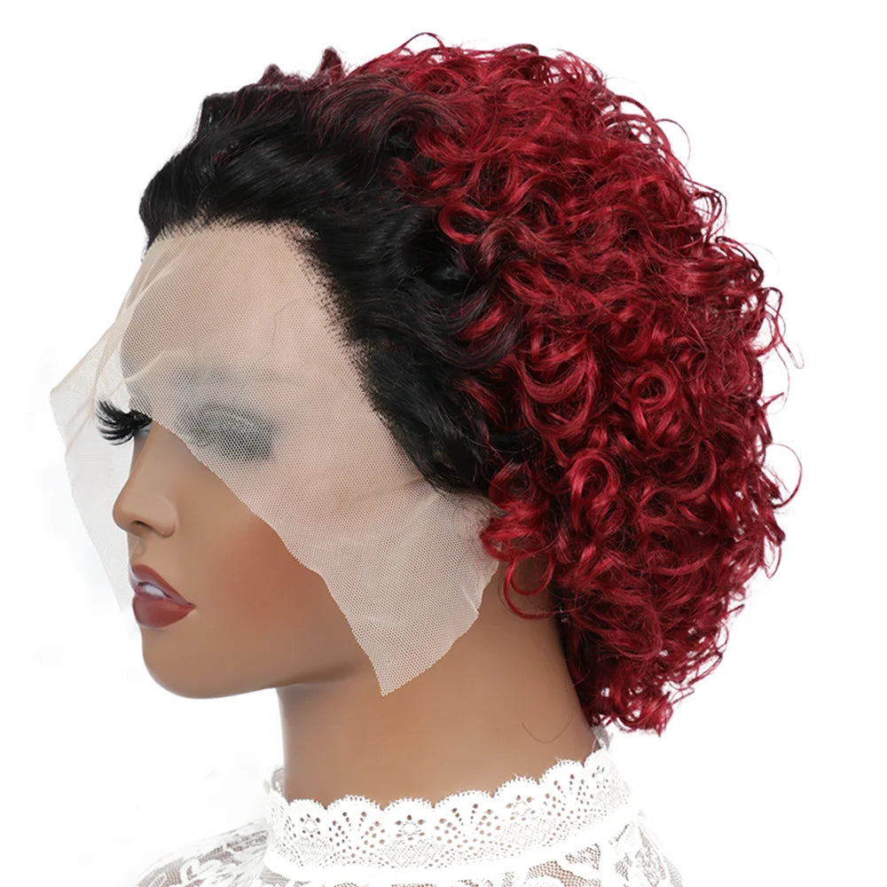 Ginger Pixie Cut Wigs Human Hair Short Curly Lace Front Human Hair Wigs Colored Water Wave Bob Wig 13x1 Transparent Lace Wigs