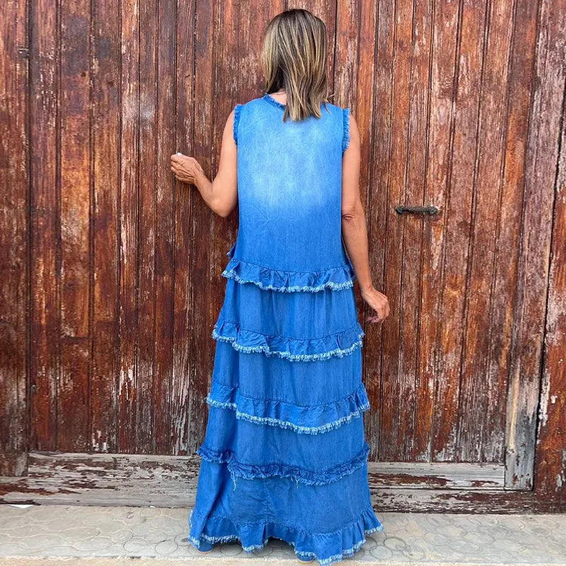 Solid Color V-Neck A-Line Ankle Length Dress for Women