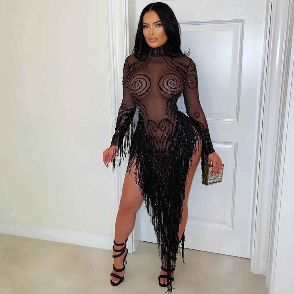 Rhinestone Mesh Tassel Bodycon Mini Dress for Women