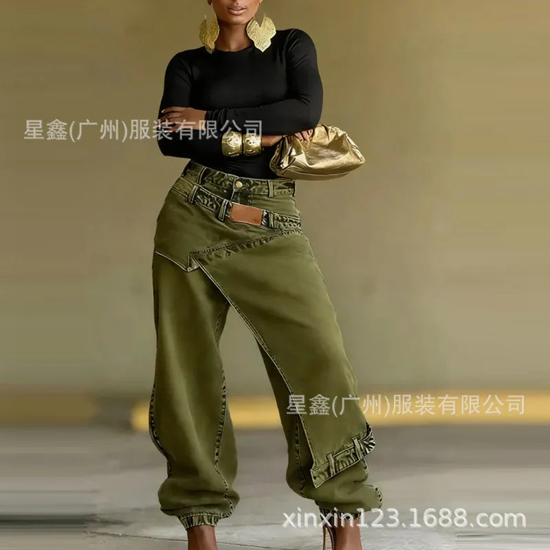 Washed Patchwork Baggy Jeans With Irregular Wrap Front for Women