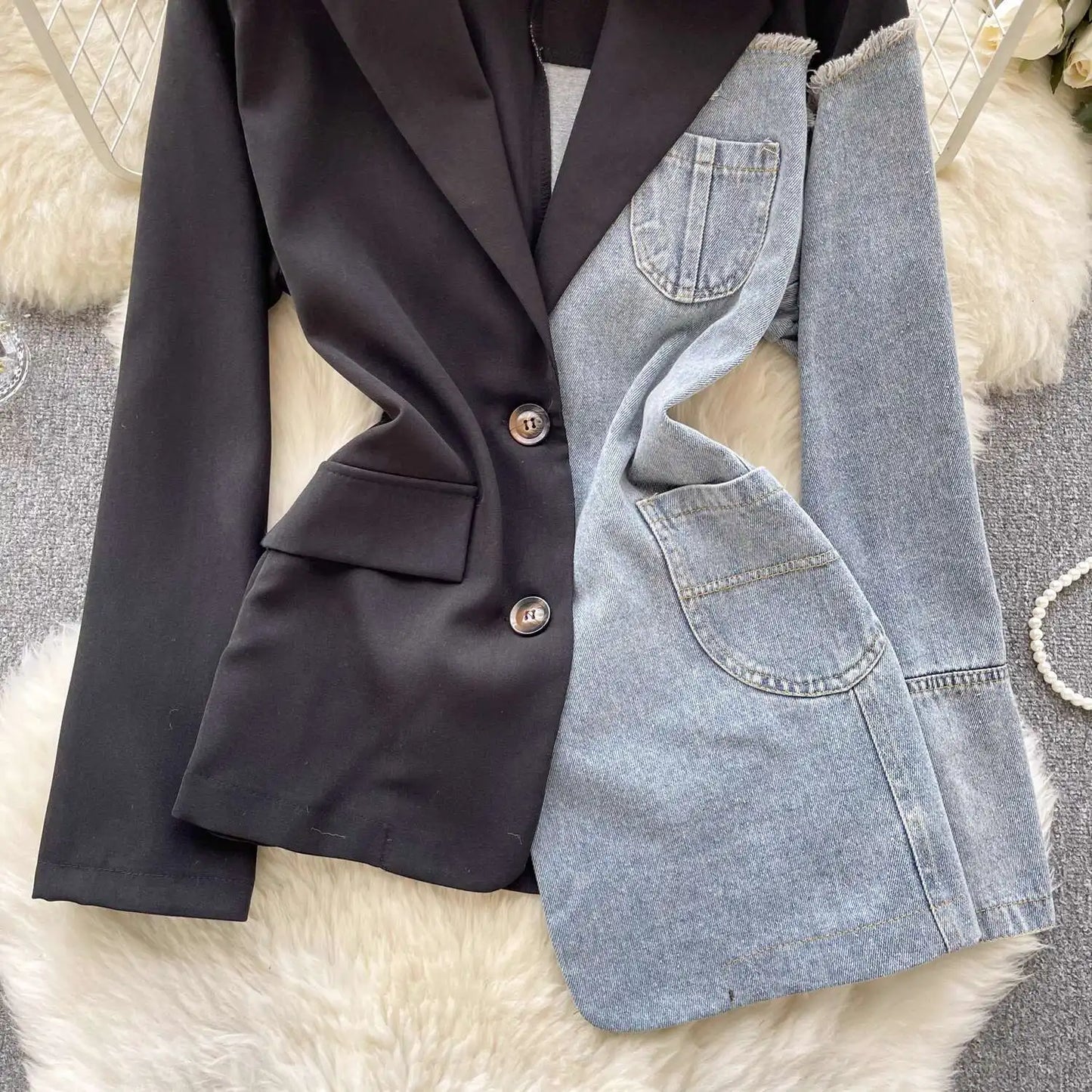 ANJY Autumn New Women Vintage Streetwear Ins Stylish Denim Patchwork Single Breasted Coat Casual Elegant Asymmetric Blazer A8421