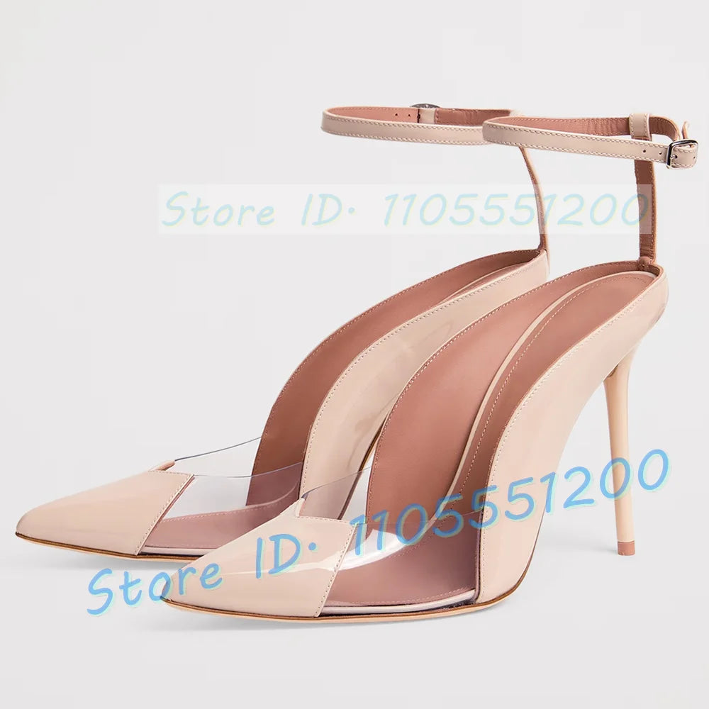 Burgundy Leather Clear PVC Stiletto Sandals for Women