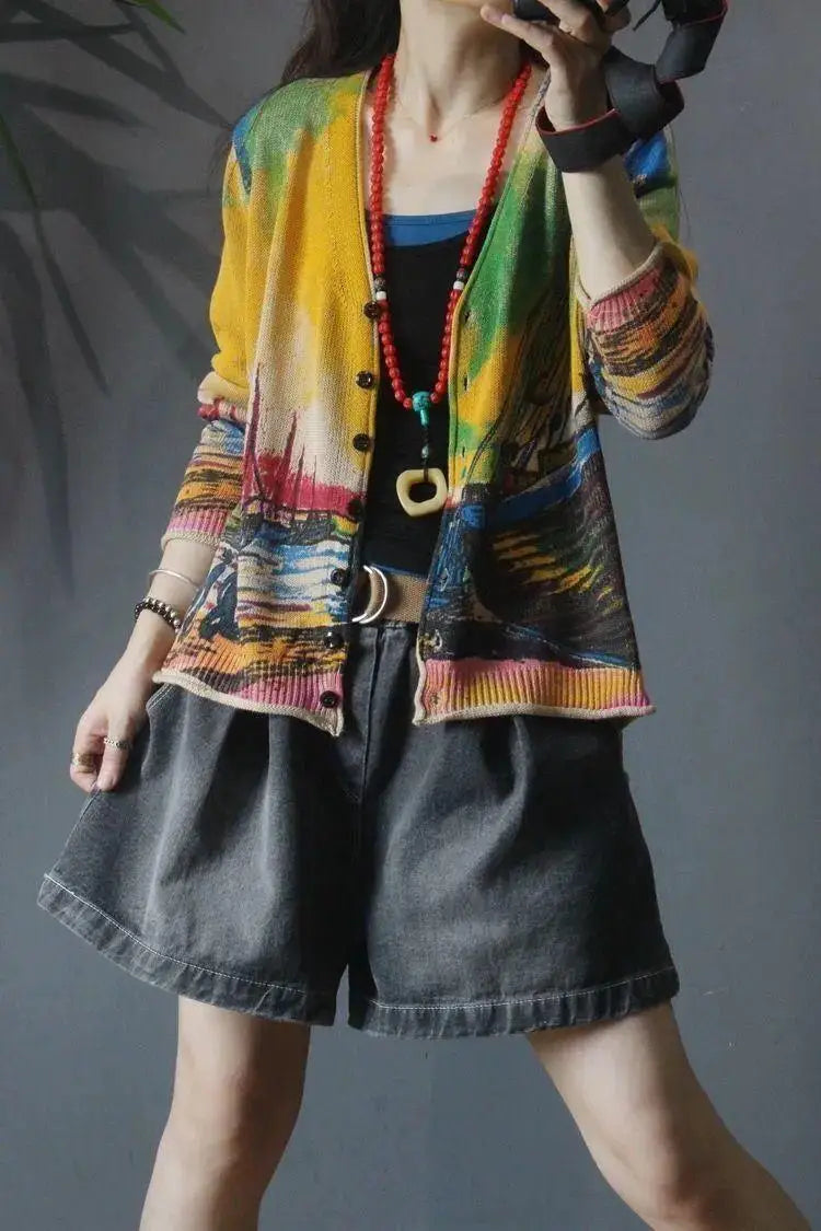Women's Cardigans Loose V Neck Graphic Ladies Knit Sweaters Outerwear Fall 2025 Lightweight Korean Streetwear Fashion Hot Y2k