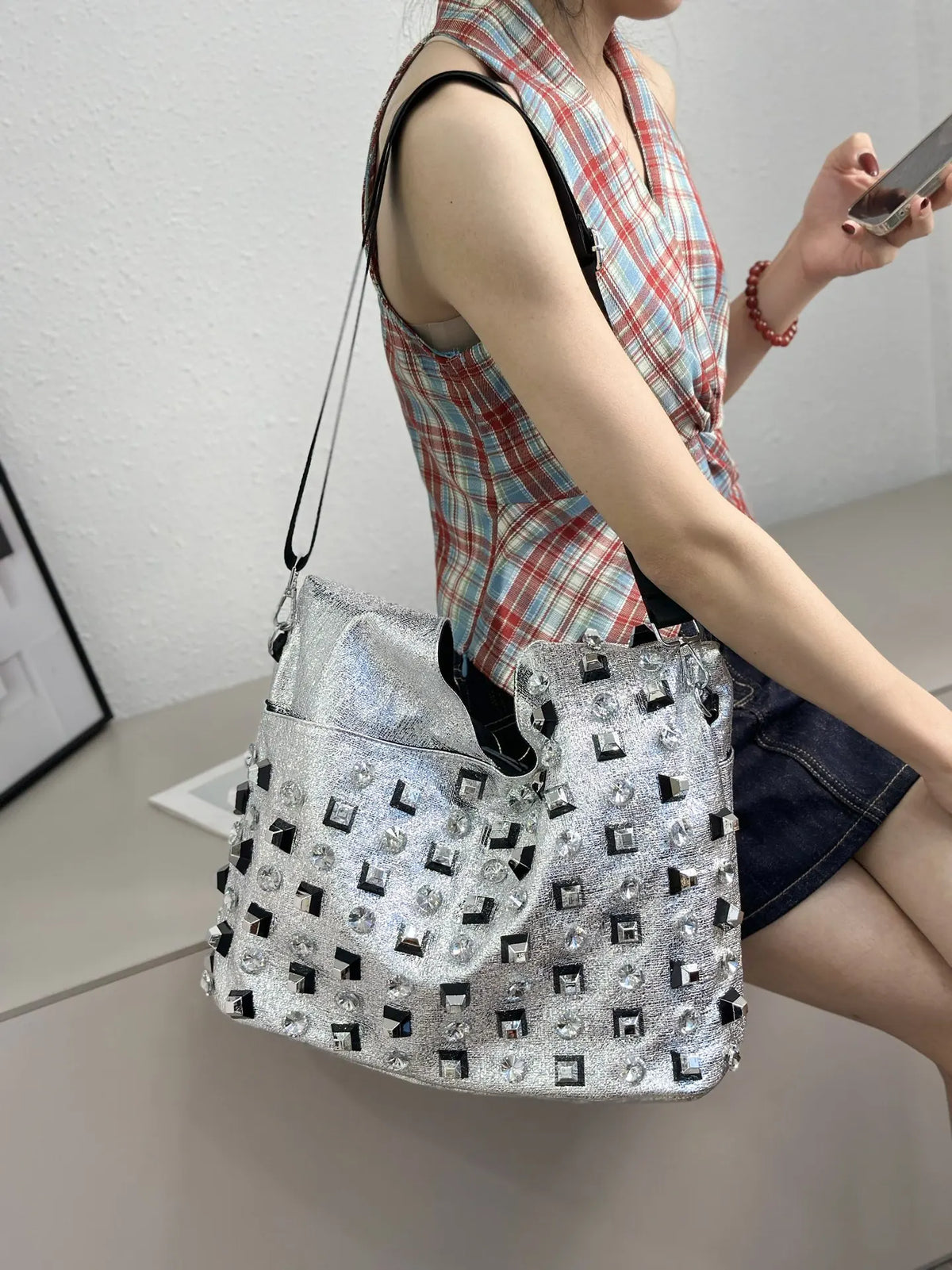 New Women's Diamond Handbag Luxury Brand Fashion Diamond Women's Shoulder Bag Large Capacity Shiny 2-piece Set Women's Bag