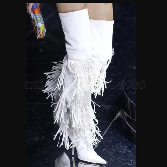 White Thigh High Trouser Boots Tassels Decor Patent Leather Shoes for Women Thin High Heels Sexy Shoes 2025 Zapatos Para Mujere