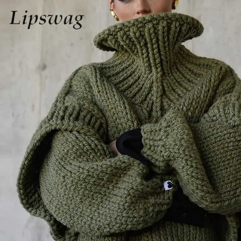 Women Casual Warm Winter Thick Sweater Fall Elegant Turtleneck Solid Knitted Jumper Femme Fashion Long Sleeve Loose Pullover Top