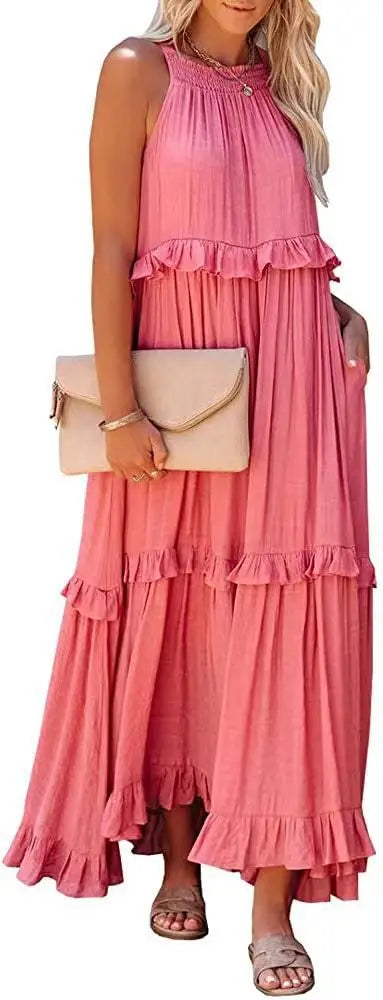 Solid Ruffled Sleeveless Maxi Sundress for Women
