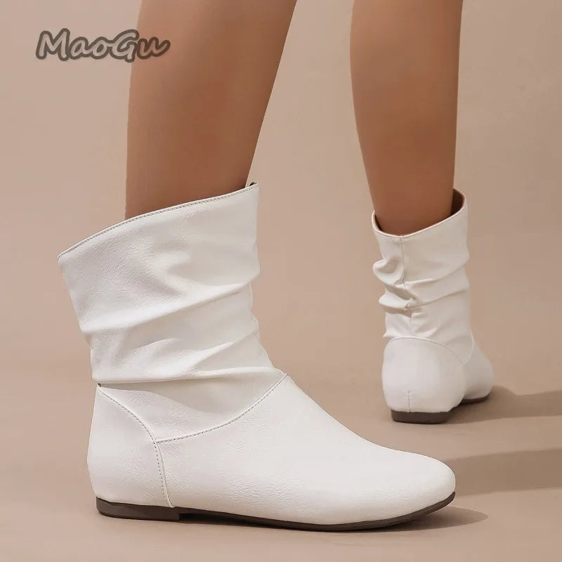 Modern Pleated Leather Square Heel Boots For Women