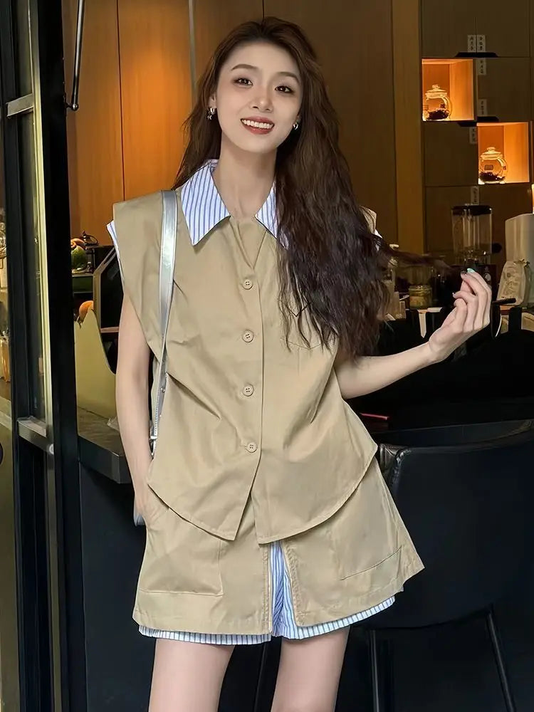 Summer Fashion 2025 Retro Stripe Splicing Women's Short Sets 2 Pieces Casual New Luxury Outfits Novelties Light Female Shorts