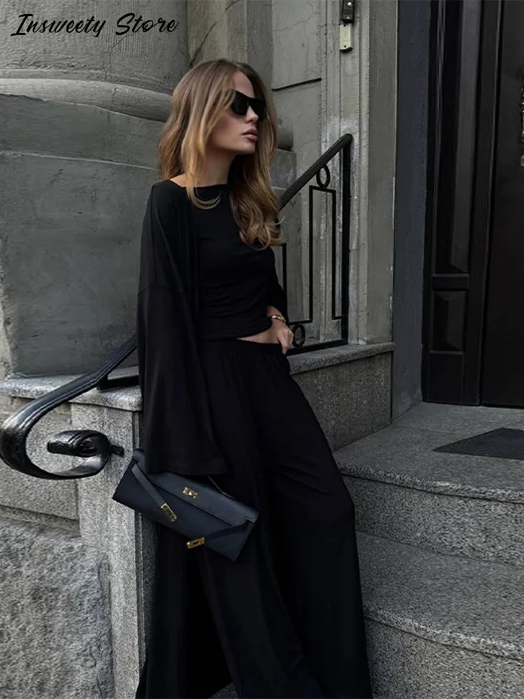Casual Three Piece Shirt, Coat And Wide Leg Pants Set for Women