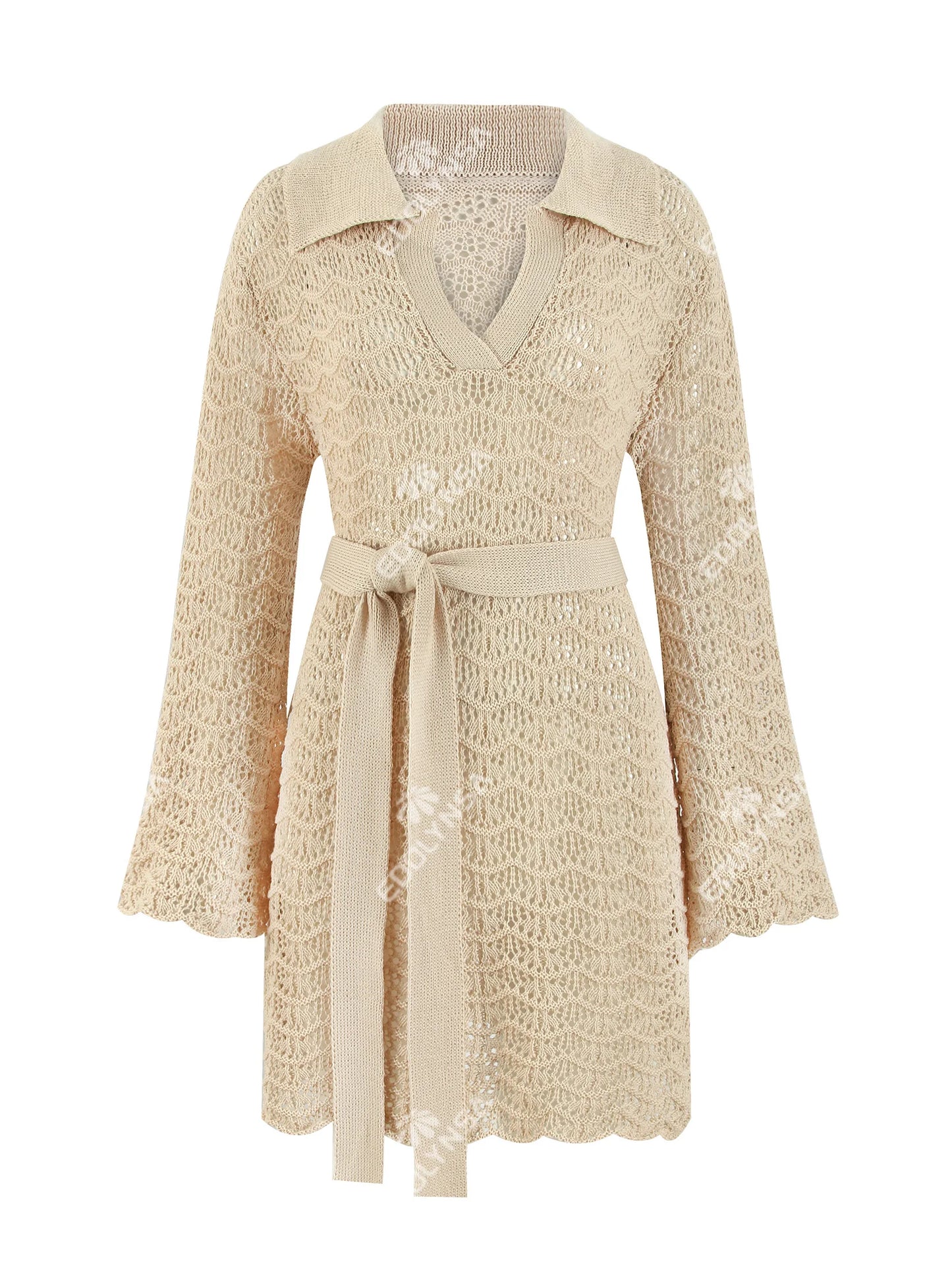 Sexy Shirt V-neck Bell Sleeve Hollow Out Knitted Belted Beach Mini Dress 2025 Summer Swimsuit Cover Up Women's Casual Outfit K16