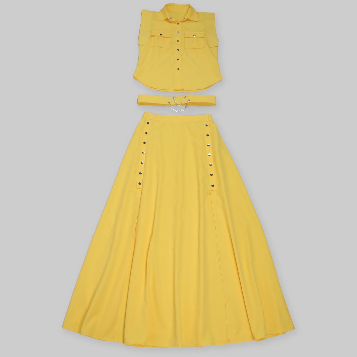 CM.YAYA Women's Set OL Sleeveless Shirt + Cargo Split Long Skirts Suit 2025 Summer Party Evening Street Two 2 Piece Set Outfits