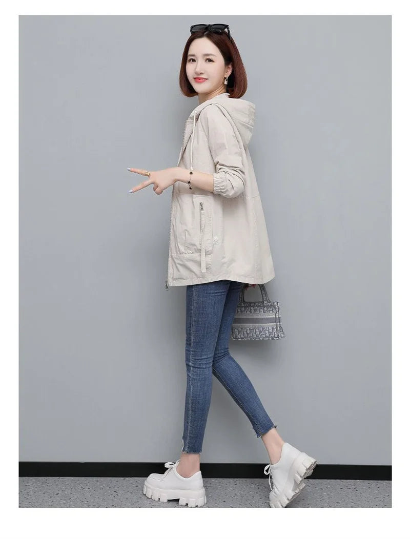 Lining Hooded Coat Female Spring And Autumn Temperament Short Jacket Casual Short Trench Coat Female Hooded Outwear Khaki