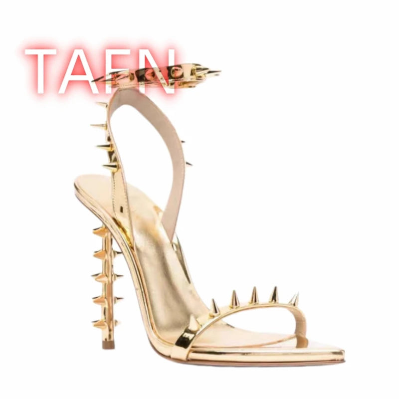 Metallic Spiked Rivets Open Toe Ankle Strap Stiletto Sandals for Women