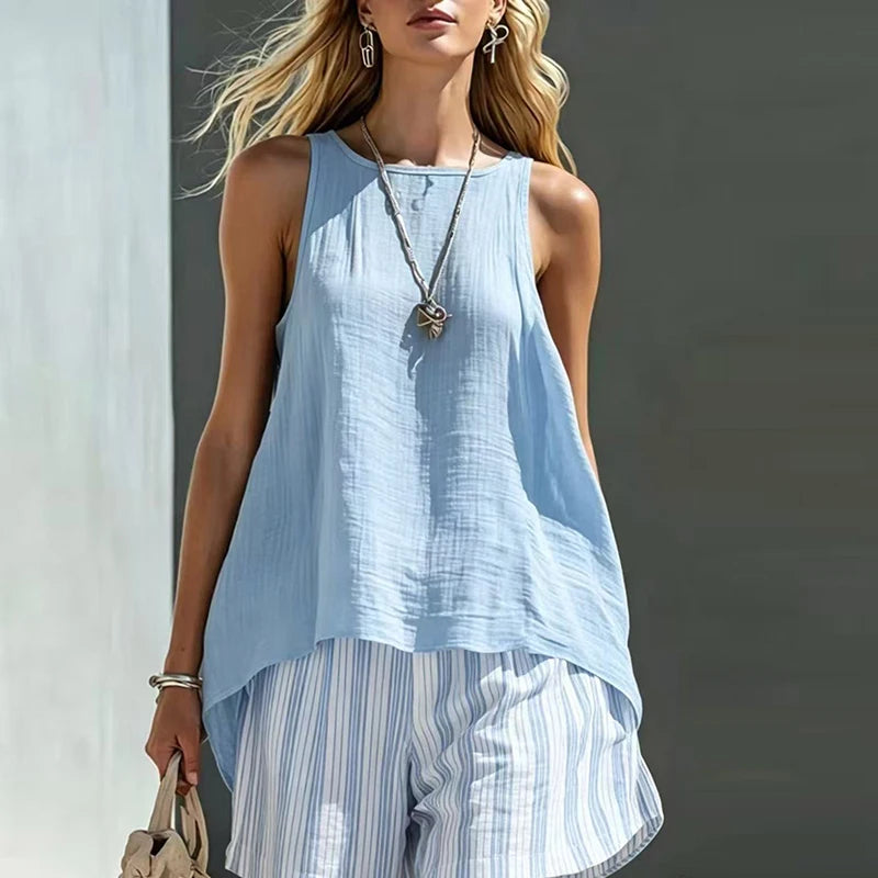 Casual Summer Sleeveless Vest And Shorts Two Piece Set for Women