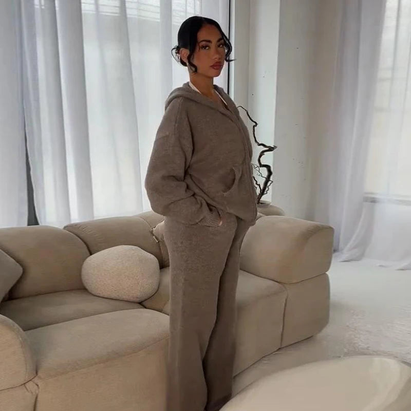 Letter Print Hooded Two Piece Set With Wide Leg Pants for Women