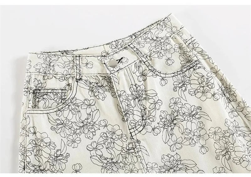 High Rise Wide Leg Printed Denim Pants For Women