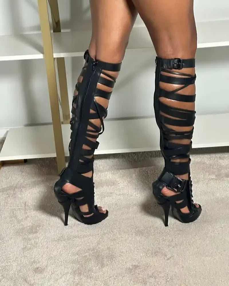 Lace Up Strappy Over The Knee Boots