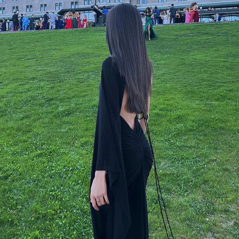 Cryptographic Fashion Draped Deep V Sexy Backless Maxi Dresses Party Club Women Elegant One Shoulder Gown Slip Dresses Ruched