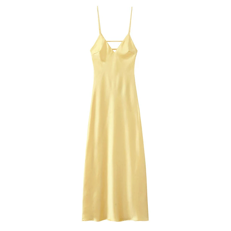 Brown Satin Lace Splicing Sling Dress Women Elegant Irregular Hem V Neck Backless Sleeveless Gown Chic Women Party Club Vestidos