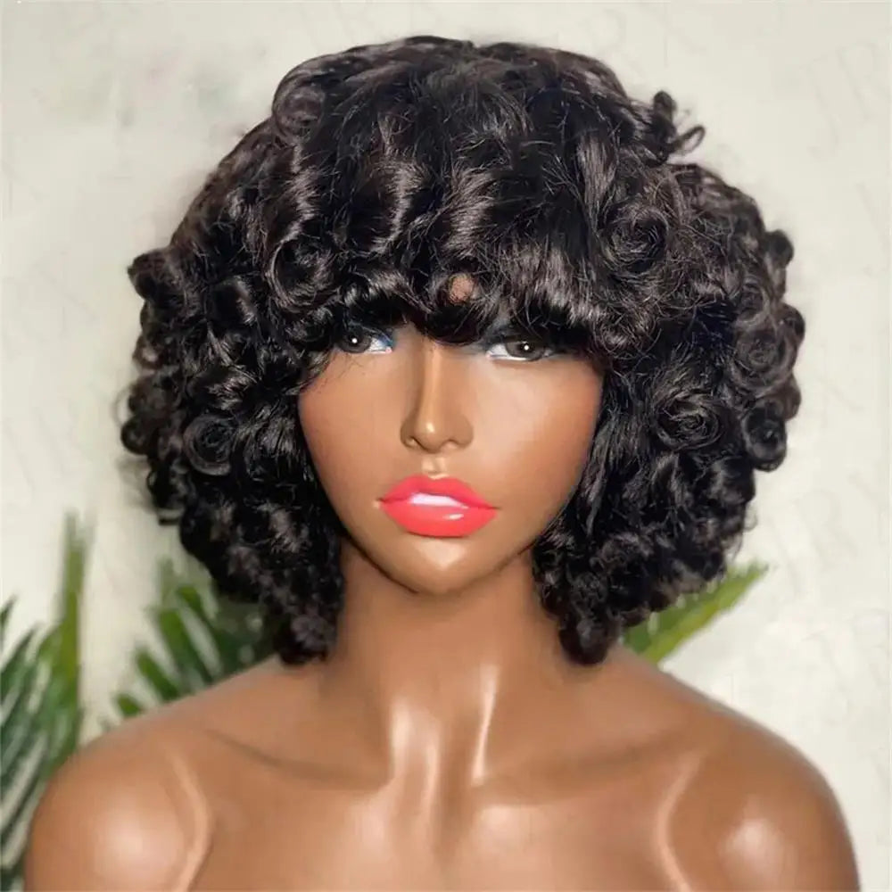 Bouncy Curly Pixie Bob Human Hair Wig With Bangs for Women
