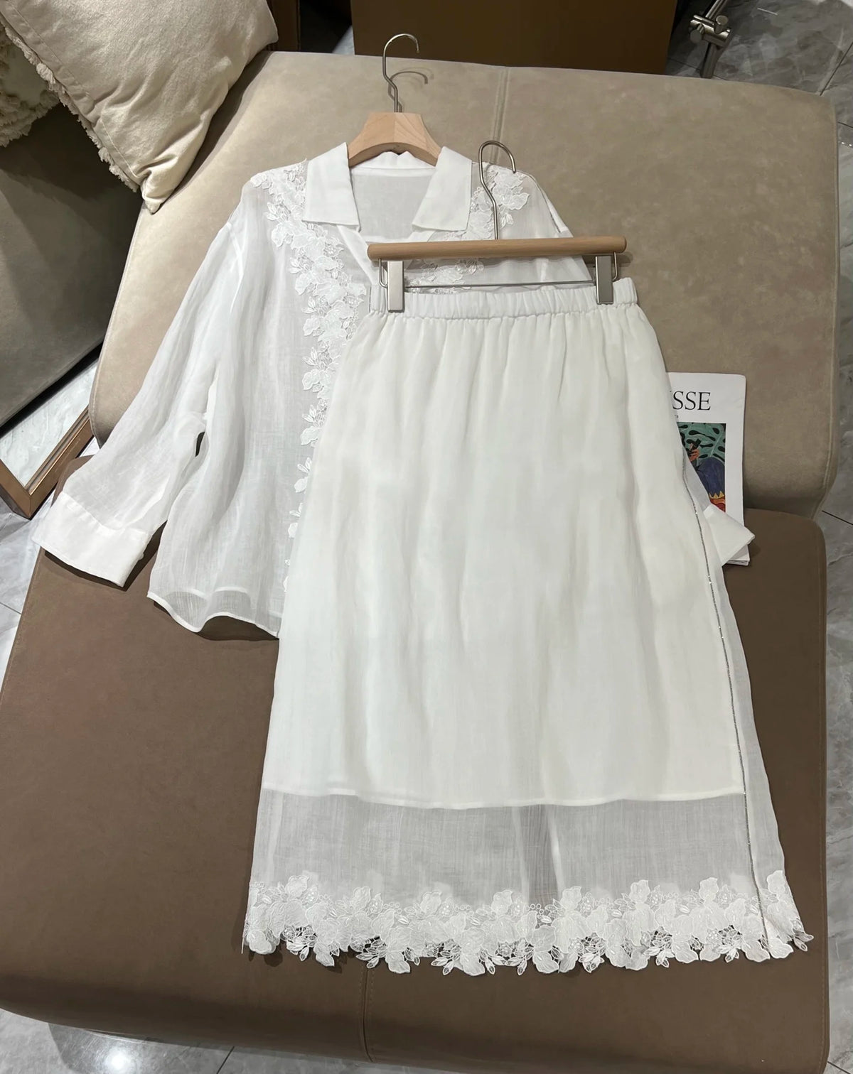 Embroidered Linen Blouse And Midi Skirt Set for Women