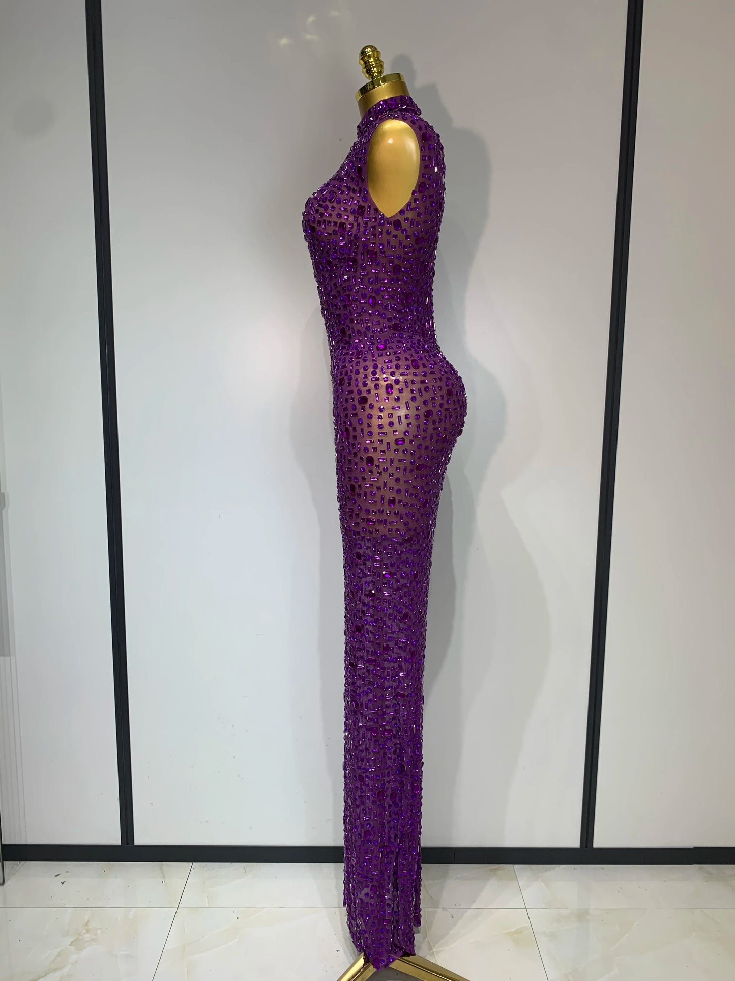 Sparkly Gold Rhinestone Sleeveless Stretch Long Dress Women Sexy Mesh Celebrate Evening Prom Birthday Dress Photo Shoot Wear