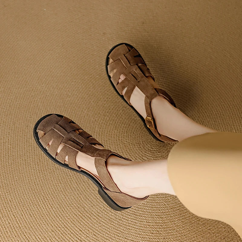 Retro Cowsuede Buckle Strap Closed Toe Sandals for Women