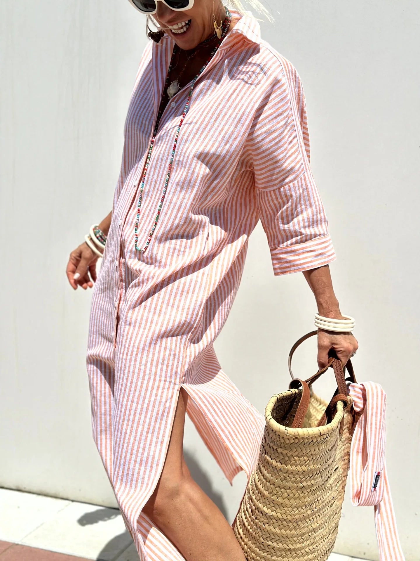 Striped Belted Ankle Length Half Sleeves Lapel Dress for Women