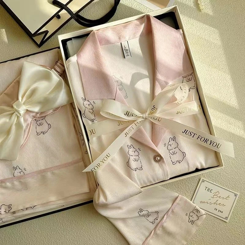 Flowers Twill Print Classy Women's Pajamas Spring Autumn Two-piece Sets Long Female Lounges Simulated Silk 2024 New Y2k Homewear