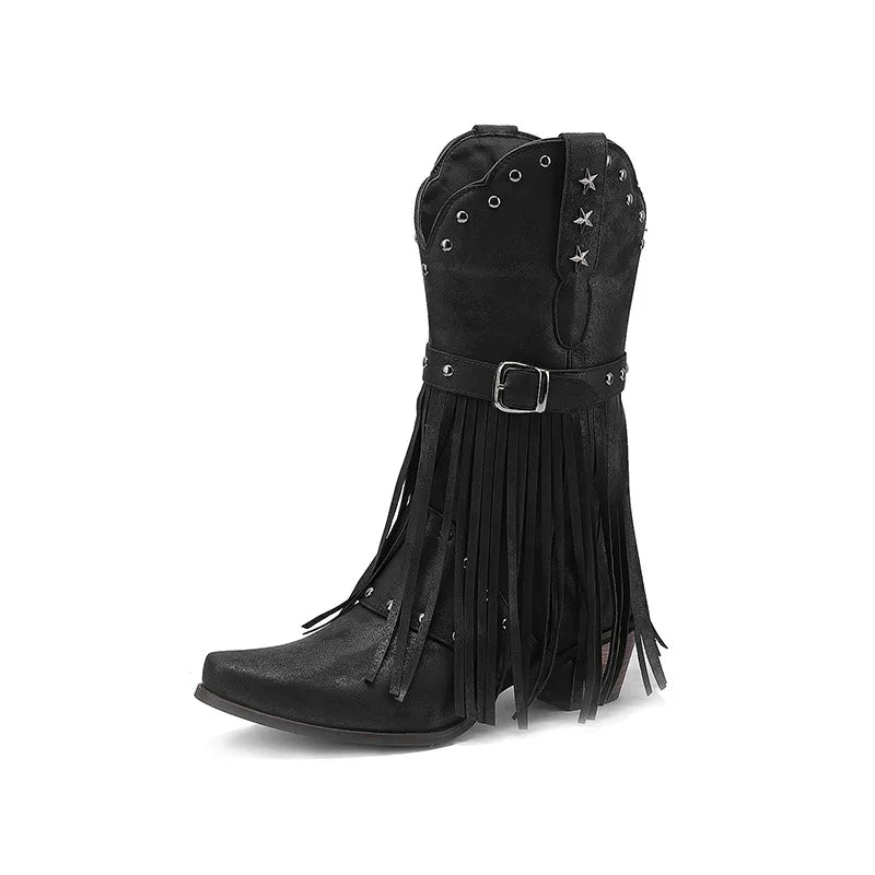 Western Fringed Riveted Block Heel Knee Boots for Women