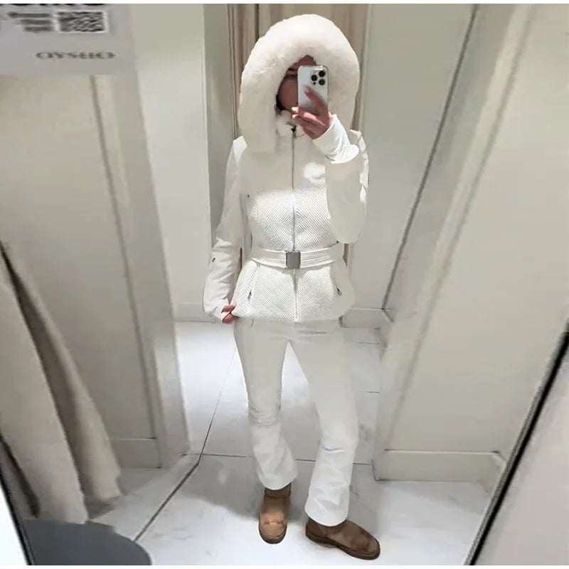 Warm Fur Trim Hooded Winter Ski Suit with Belt for Women