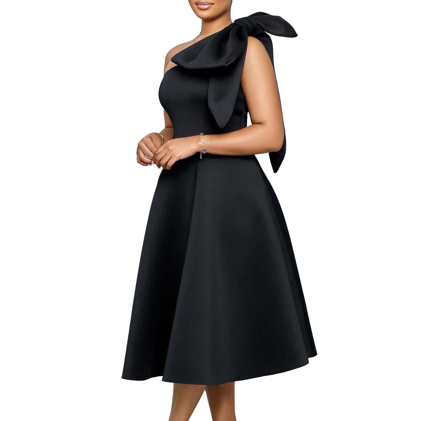 Dress One Shoulder A Line Pleated Knee Length Sleeveless Bow Belt Elegant Party Style