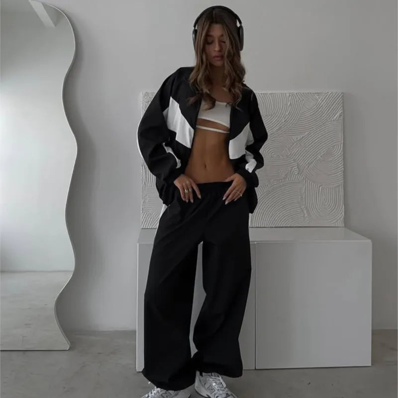 Casual Contrast Color Zipper Tracksuit Set for Women