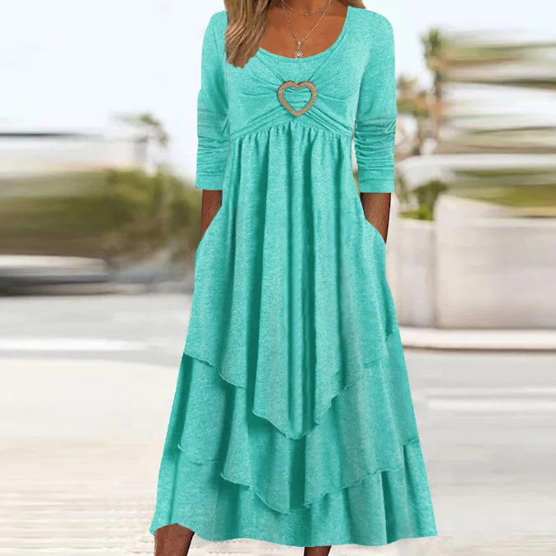 Long Sleeve Patchwork Midi Dress With Pockets for Women