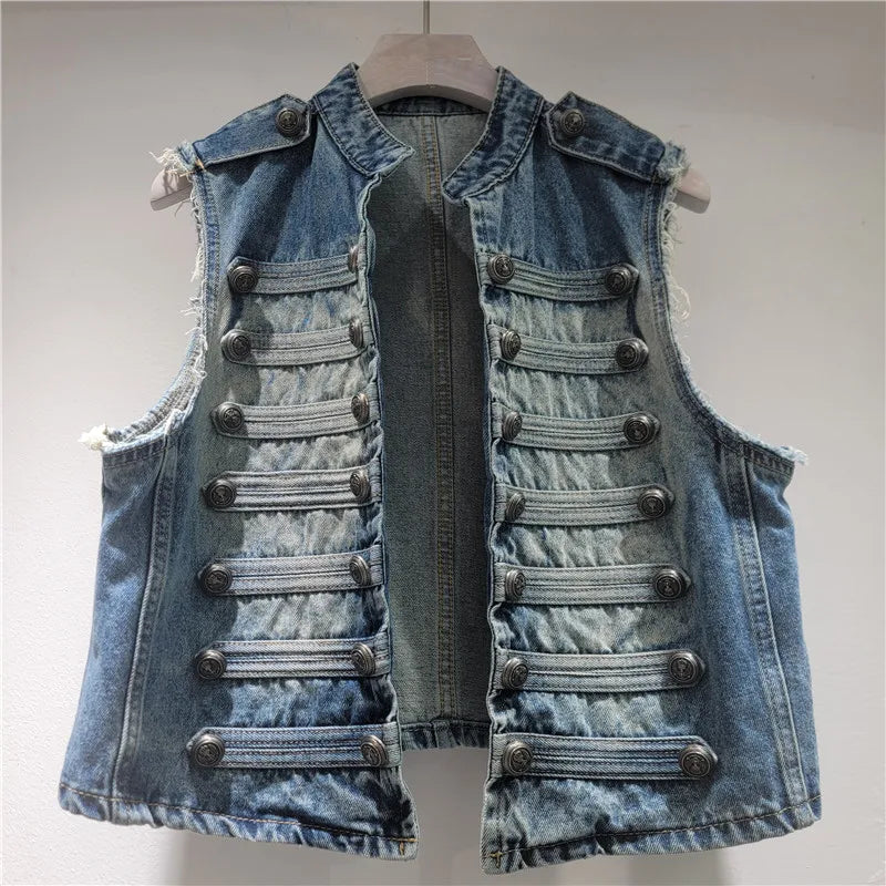 Classic Double Breasted Denim Two Piece Set For Women