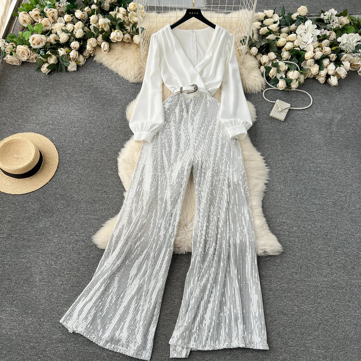 Sequined Patchwork V Neck Wide Leg Jumpsuit for Women