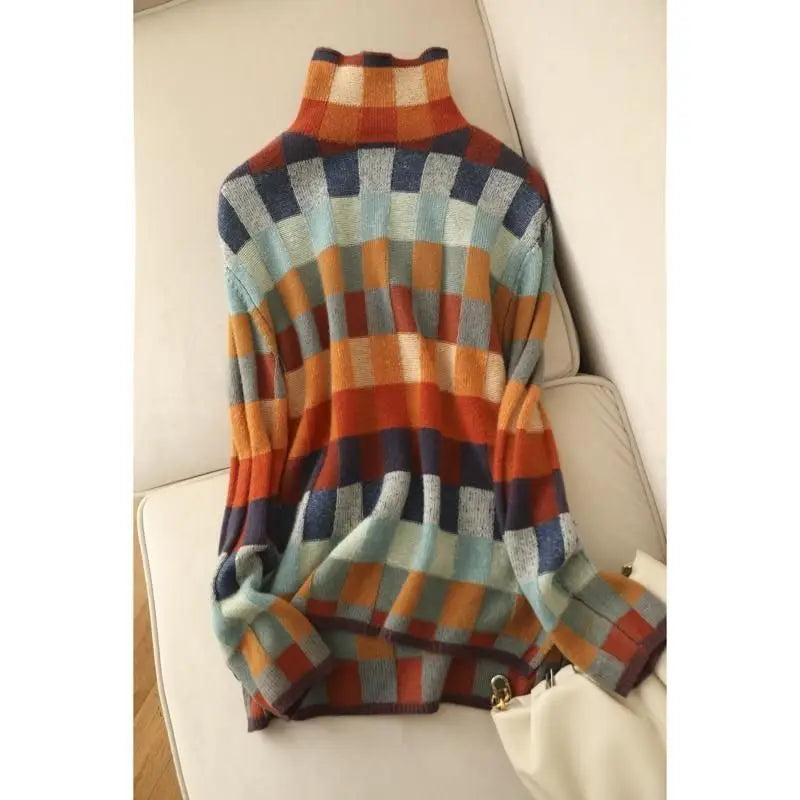 Cozy Thick Knit Turtleneck Sweater With Plaid Pattern For Women
