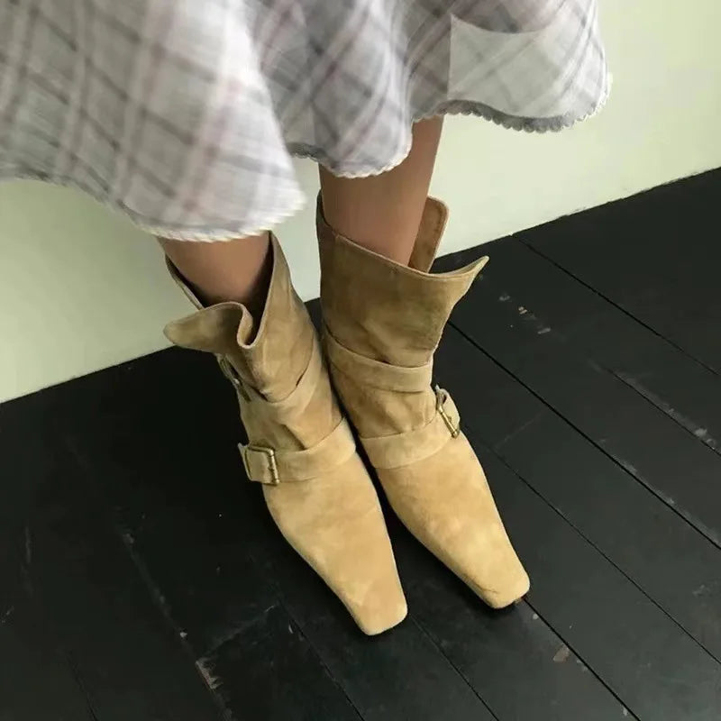 Vintage Suede Square Heel Boots