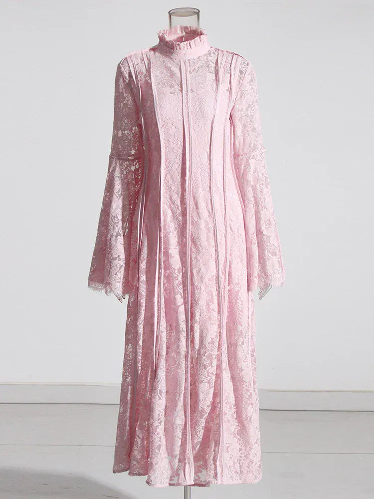 TWOTWINSTYLE Patchwork Lace Slimming Dresses For Women Stand Collar Flare Sleeve High Waist Solid Elegant Dress Female Fashion