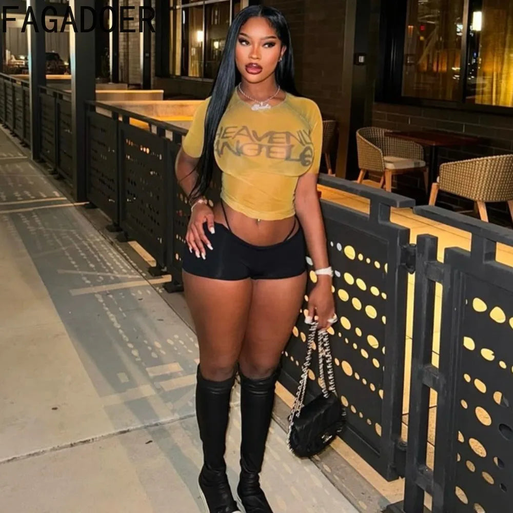 FAGADOER Y2k Fashion Mesh Letter Print 2 Piece Sets Woman Outfit See Through Short Sleeve Crop Top and Leather Short Streetwear