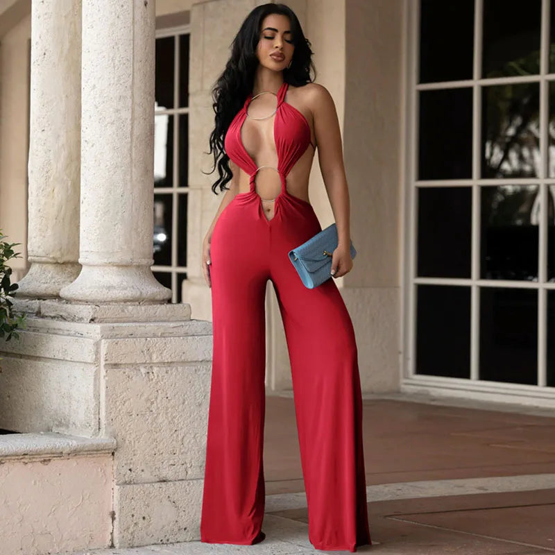 Metal Ring Bandage Hollow Out Halter Backless One Piece Jumpsuit for Women