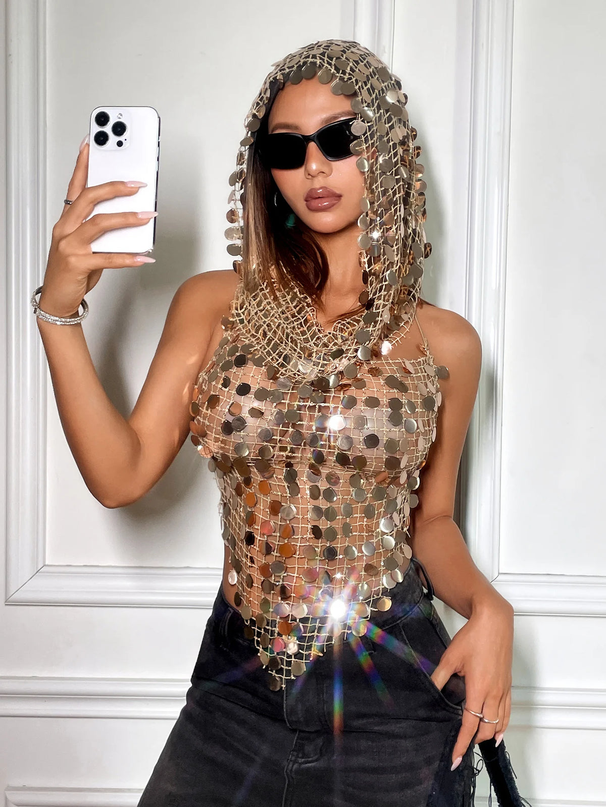 Backless Sequin Crop Tank Top and Hat Set for Women
