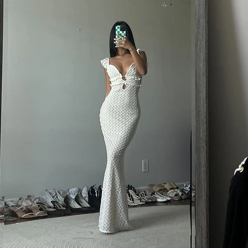 Cryptographic Elegant Tie Detail Sexy Cut Out Backless Dress Party Club Outfits Summer See Through Sleeveless Women Dresse Robes