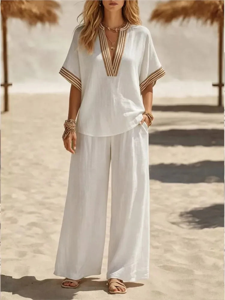 Striped V Neck Short Sleeve Two Piece Set for Women