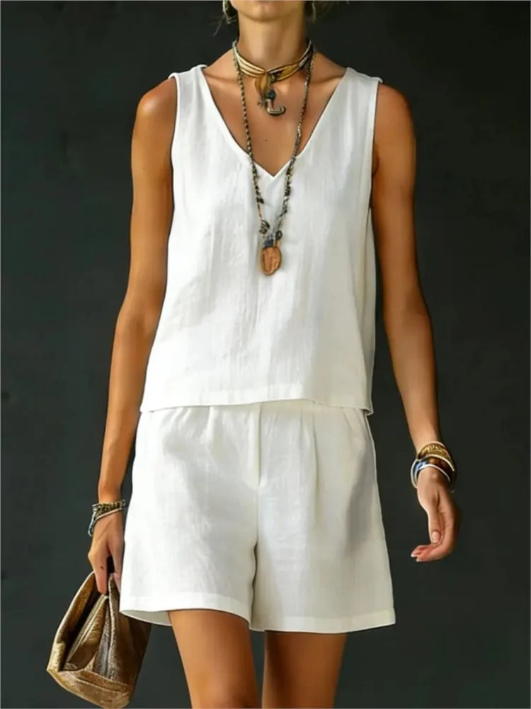 Cotton Linen Summer Casual Vest and Shorts Set for Women