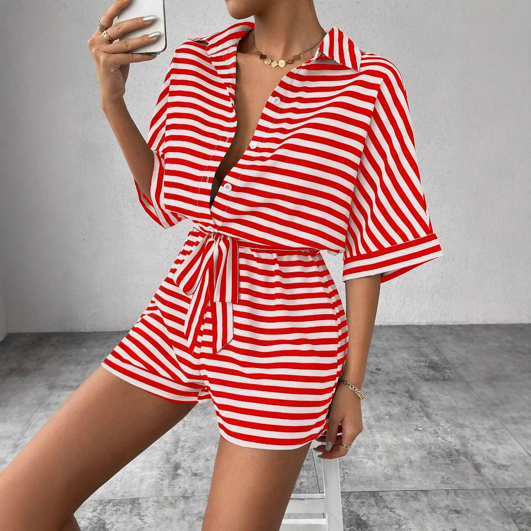 Casual Striped Batwing Sleeve Top And Shorts Set For Women