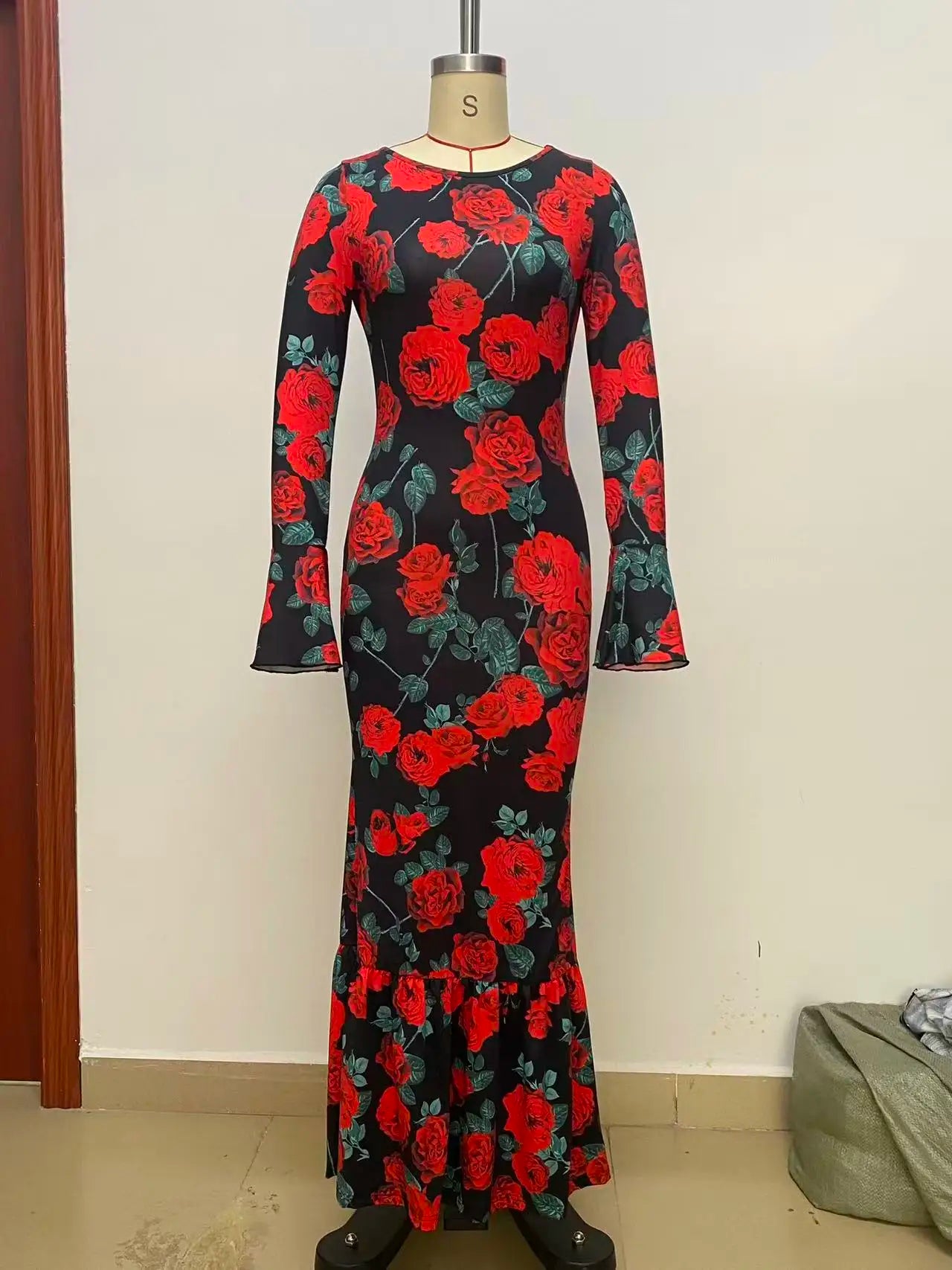 Rose Print Fishtail Maxi Dress